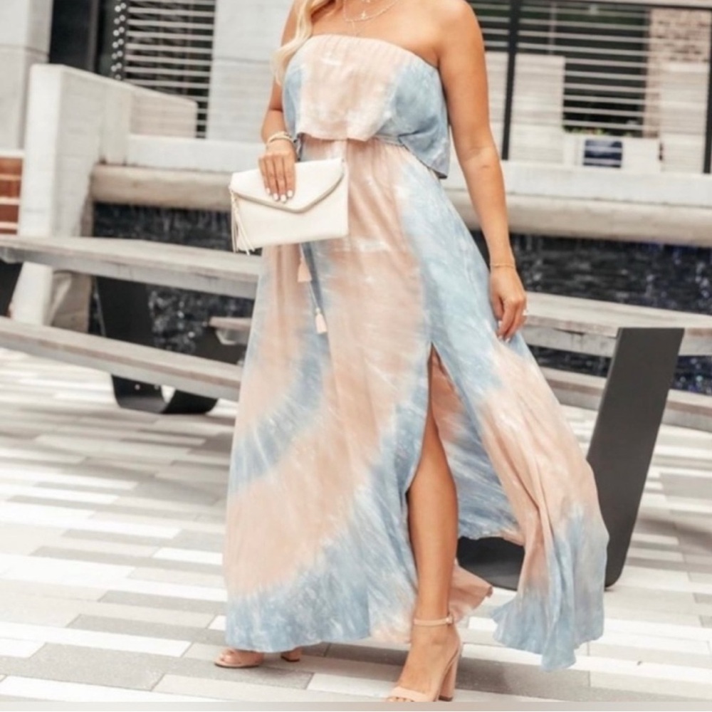 Aakaa Blue and White Strapless Maxi Dress with Slit‎